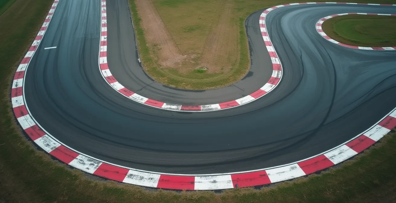 Vue aérienne d'une piste de karting montrant les trajectoires idéales sans dérapage