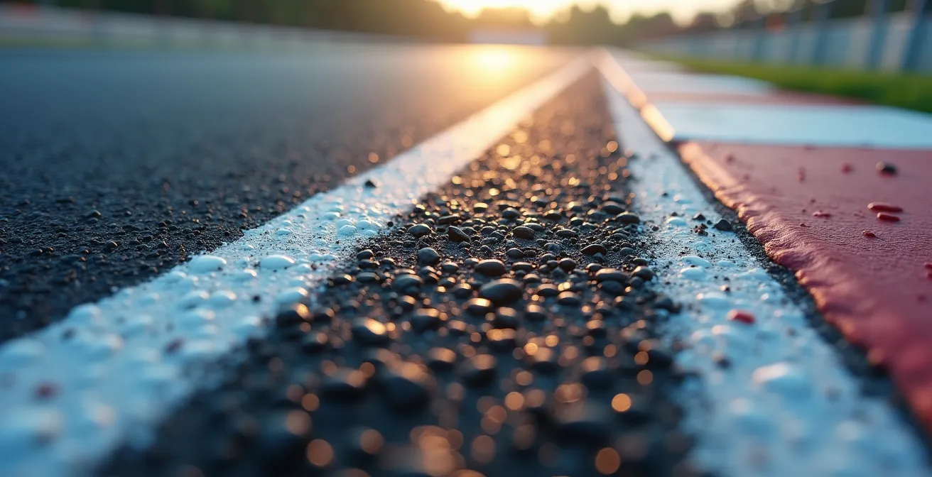 Vue macro des repères visuels sur la piste de karting pour le placement optimal