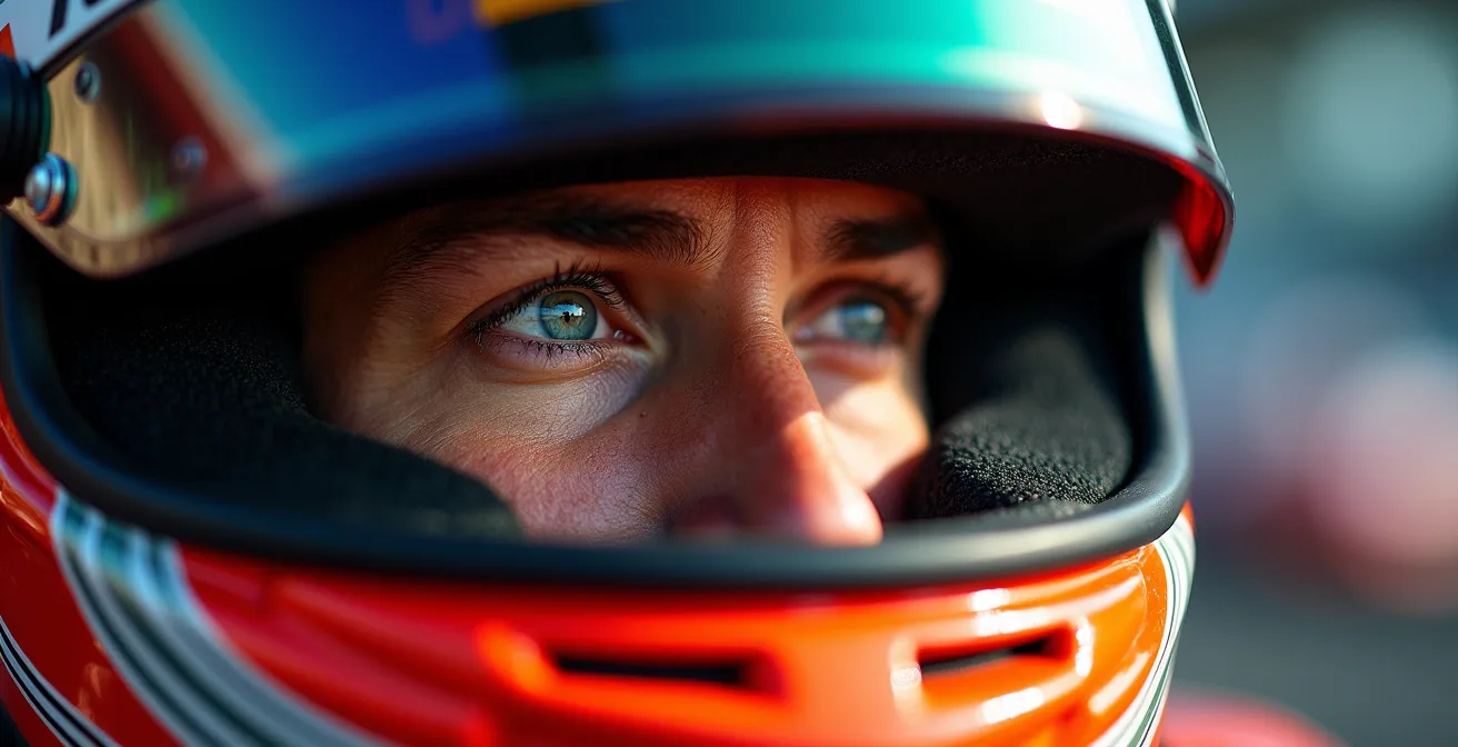 Pilote de karting en concentration profonde avant le départ, vue macro sur le regard à travers le casque