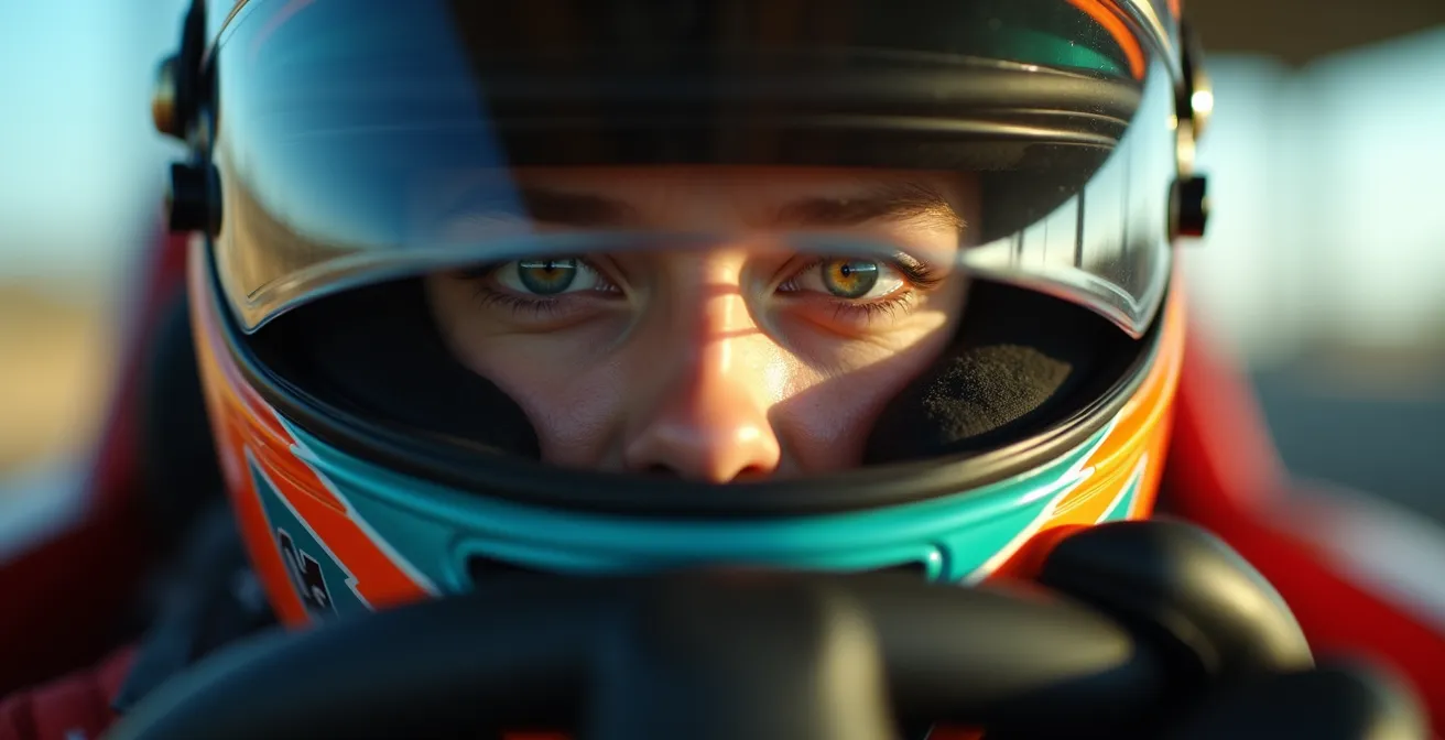 Portrait serré d'un pilote de karting avec son regard dirigé vers le prochain virage