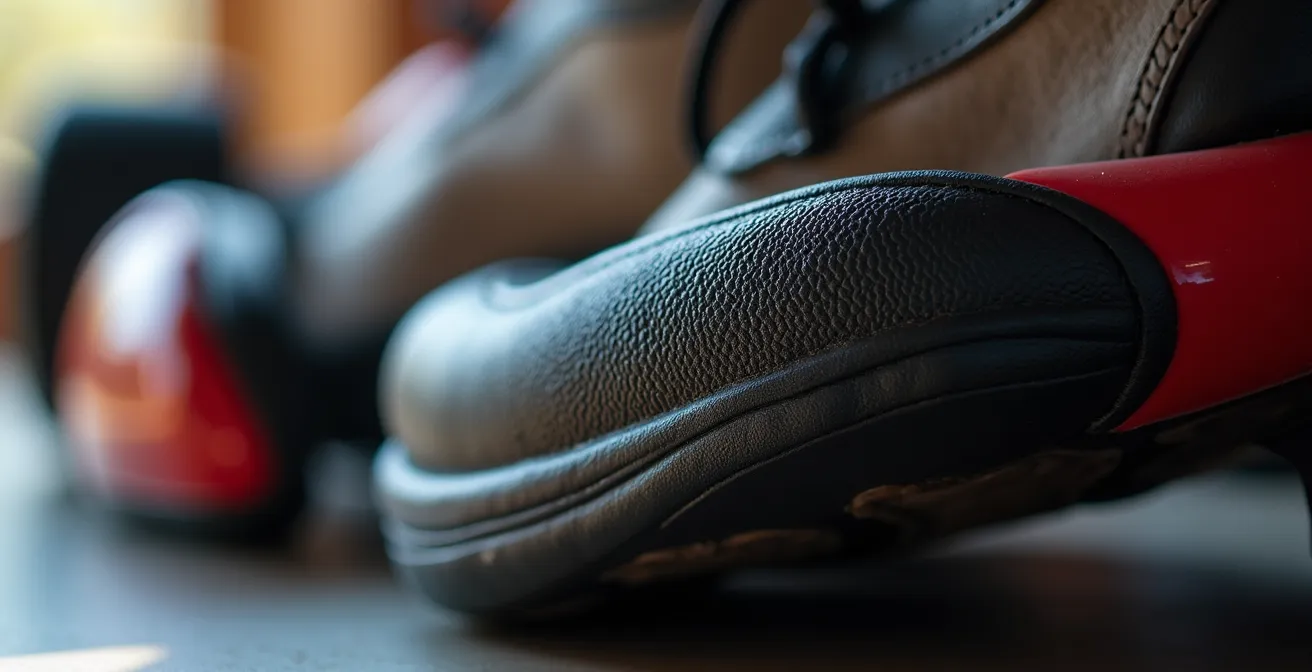 Vue macro des renforts de protection sur une bottine de karting, montrant les différentes zones de renforcement