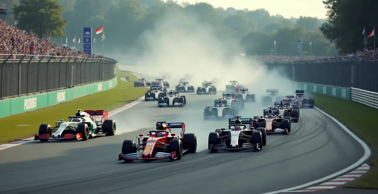 Monoplaces de Formule 1 en file indienne derrière la Safety Car se préparant au restart