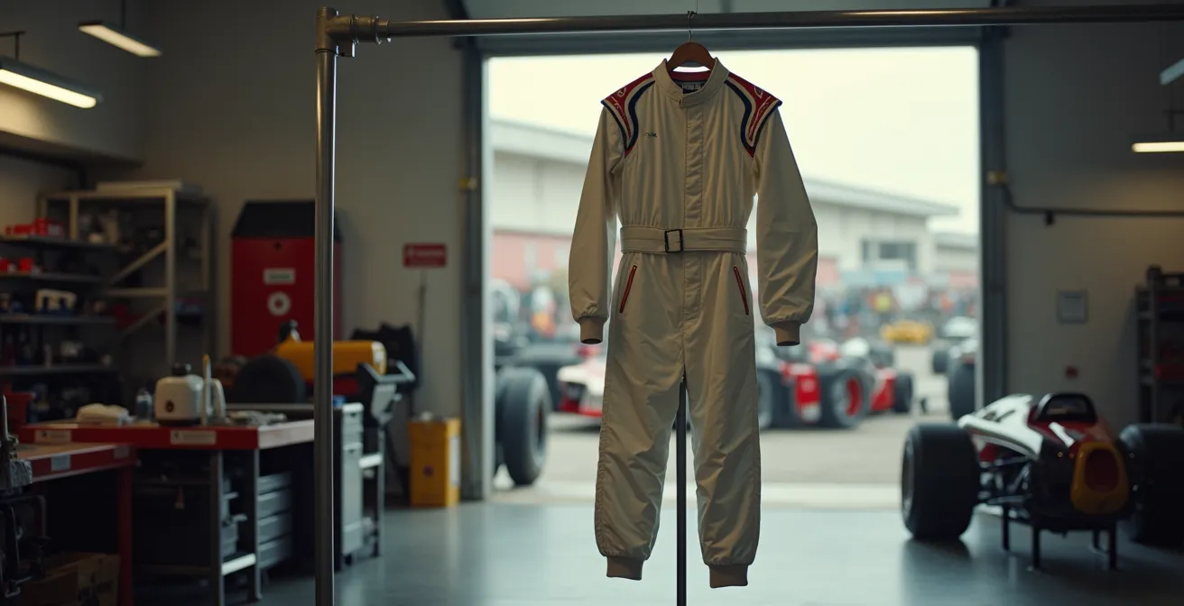 Combinaison de karting séchant correctement à l'ombre sur un support adapté dans un espace aéré