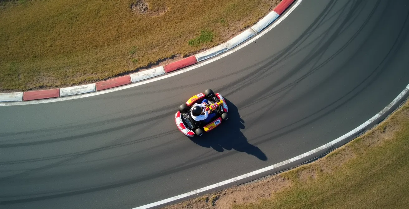 Vue aérienne d'un kart négociant un virage en trois phases distinctes : freinage, pivot et ré-accélération