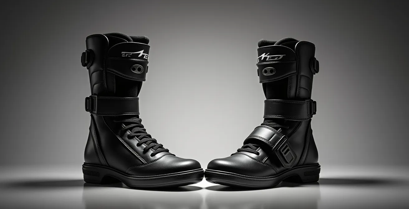 Comparaison côte à côte de deux systèmes de fermeture de bottines de karting, montrant le maintien différent de la cheville