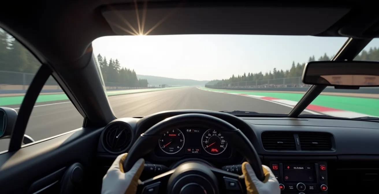 Vue subjective depuis le cockpit d'une voiture de course montrant la séquence visuelle des points de passage en virage