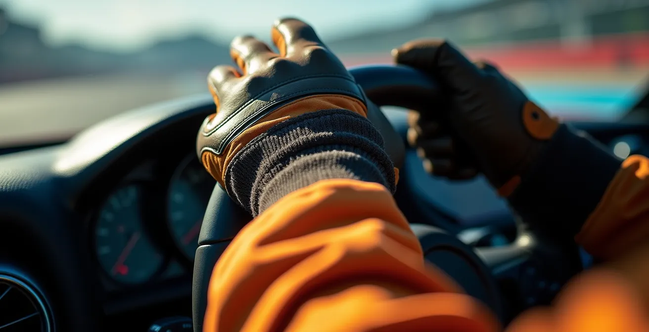 Gros plan macro sur un volant de kart avec les mains du pilote relâchées après la course, montrant la texture des gants et les détails mécaniques