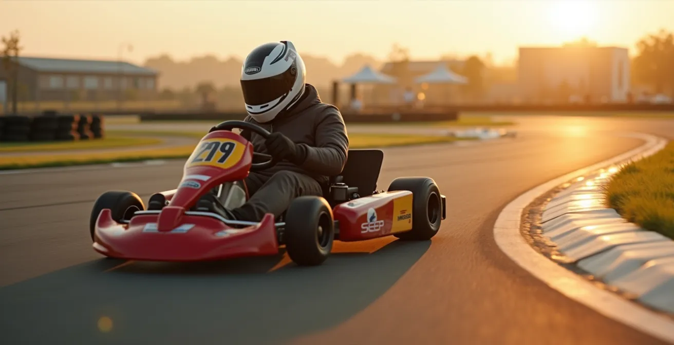 Vue latérale d'un kart en virage montrant le transfert de charge vers l'avant lors du freinage
