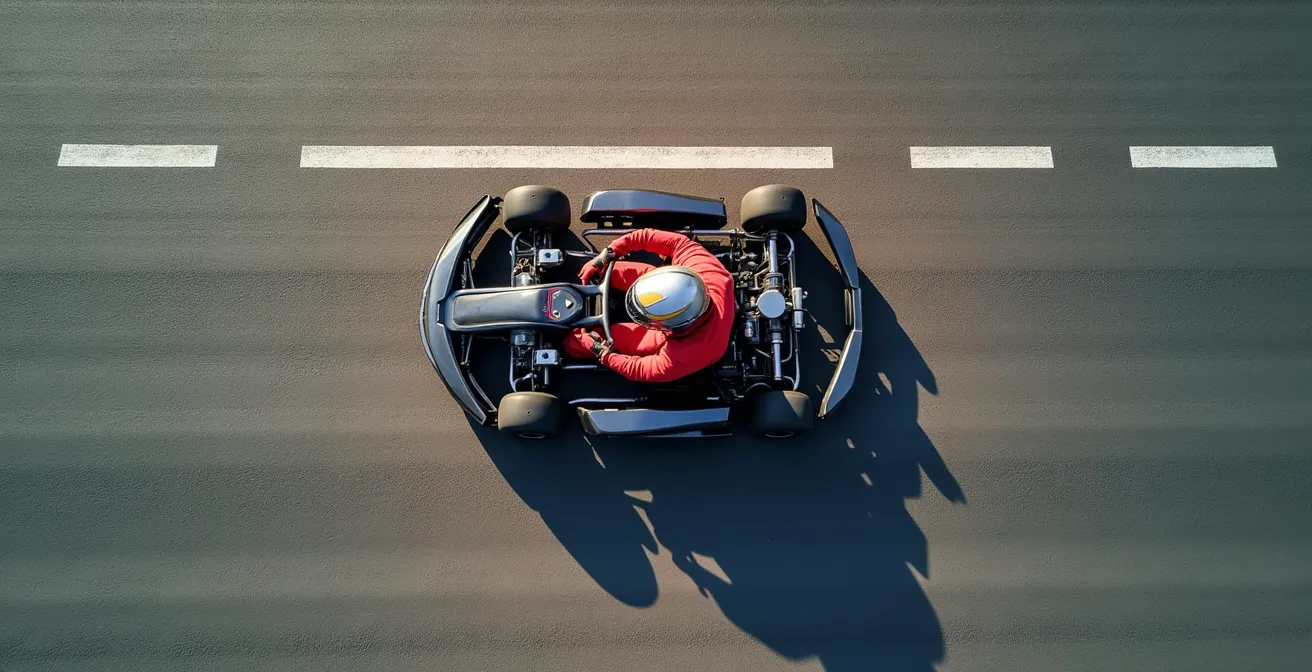 Vue aérienne d'un kart montrant le transfert de charge avec des flèches directionnelles lors du freinage et de l'accélération
