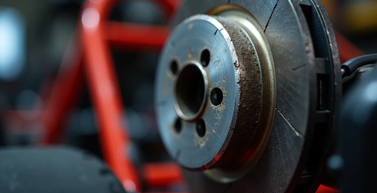 Vue macro détaillée d'un disque de frein de karting et de l'étrier avec les plaquettes visibles