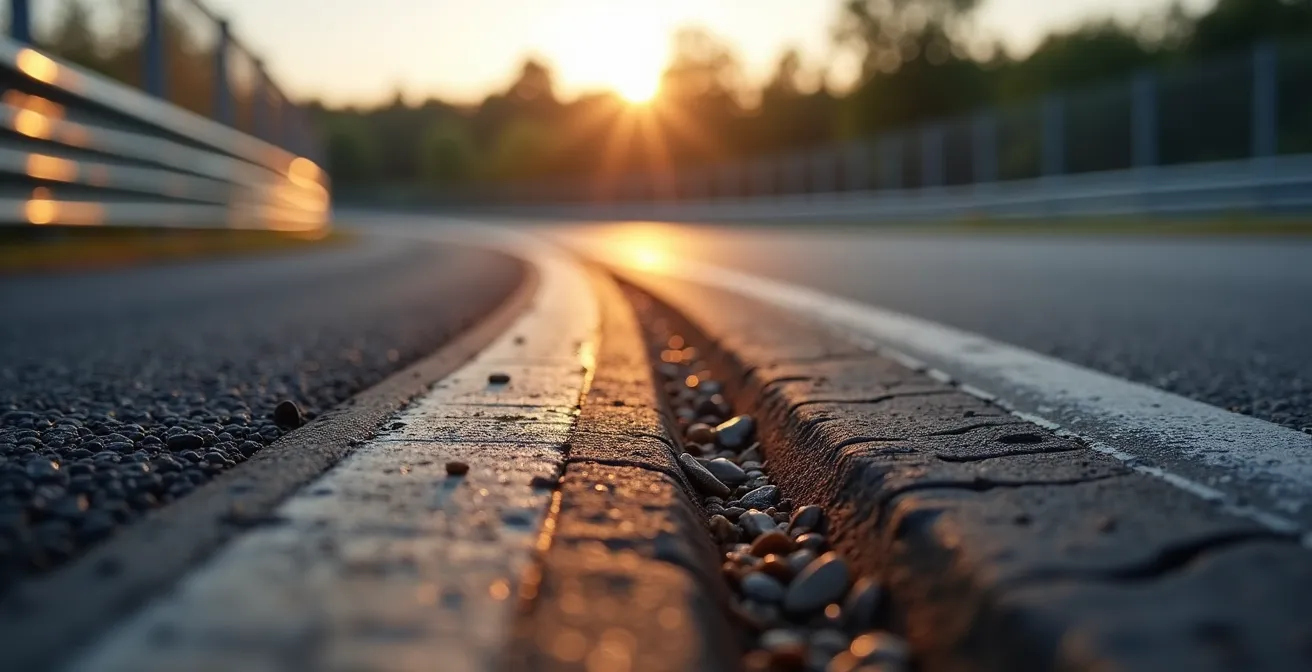 Vue rapprochée d'un virage serré emblématique avec rails de sécurité très proches