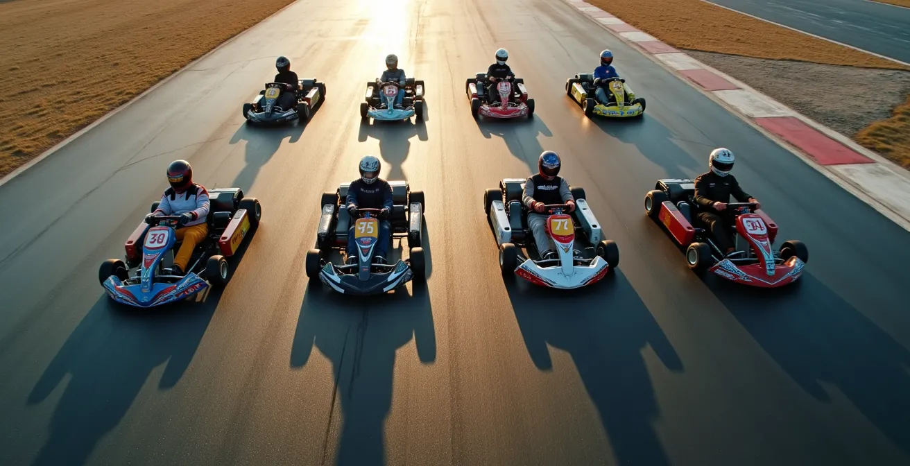 Vue aérienne d'une grille de départ avec karts en formation effectuant des zigzags pour chauffer les pneus